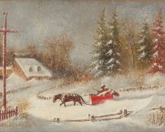151
Cornelius David Krieghoff
(1812-1872)
Winter scene with figures and horse-drawn sleigh, 1866
Oil on canvas laid to canvas
Signed and dated lower left: C. Krieghoff. '66.
9" H x 13" W
Estimate: $20,000 - $30,000
