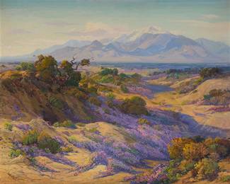 127
Fred Grayson Sayre
(1879-1939)
"Verbena Time on the Desert"
Oil on canvas
Signed lower left: F. Grayson Sayre; signed again, titled, and with the artist's Glendale address all written in blue pencil along the upper stretcher; signed and titled again on a paper label affixed to the upper stretcher
40" H x 50" W
Estimate: $3,000 - $5,000