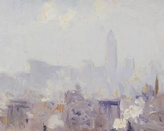 142
Colin Campbell Cooper
(1856-1937)
"New York City: Manhattan Viewed in Early Morning Haze"
Oil on paper laid to board, as issued
Unsigned; titled on a label affixed to the frame's verso
4.25" H x 7.25" W
Estimate: $2,000 - $3,000