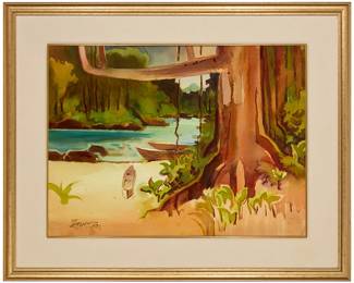 199
Milford Zornes
(1908-2008)
"El Rio Usumacinta," 1985
Watercolor on paper
Signed and dated lower left: Zornes 85; signed again, titled, and inscribed "This river is on the boundary between Mexico and Guatemala," all in the hand of the artist, on the frame's backing paper
Sight: 21.5" H x 29" W
Estimate: $800 - $1,200