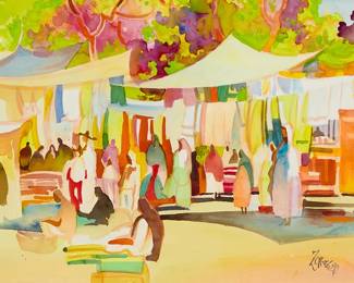 200
Milford Zornes
(1908-2008)
Market scene
Watercolor and traces of graphite on paper
Signed and dated indistinctly lower right: Zornes
Sight: 21.5" H x 29" W
Estimate: $800 - $1,200