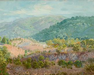 31
Theodore Wores
(1859-1939)
"Rolling Hills, Los Gatos"
Oil on canvas
Signed lower right: Theodore Wores; titled on a gallery label affixed to the frame's backing board
12" H x 16" W
Estimate: $3,000 - $5,000