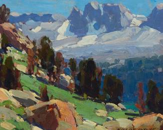 99
Edgar Alwin Payne
(1883-1947)
"Mammoth Lake Country, Sierra"
Oil on canvas laid to board
Signed lower left (trimmed along the lower edge) and lower right: Edgar Payne; inscribed in pencil with the artist's name and titled, verso; also inscribed in pencil by the artist's widow, Elsie Palmer Payne, verso
9.75" H x 11.5" W
Estimate: $7,000 - $9,000