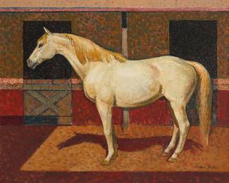 201
Millard Sheets
(1907-1989)
"My Host" (Portrait of Clement Hirsch's horse), 1970
Oil on canvas
Signed and dated lower right: Millard Sheets / 1970; signed again in blue ink on a typed label with the date, title, and inscription affixed to the stretcher: "Painted in 1970 for Mr. Clement Hirsch from drawings and sketches made in 1967"
25" H x 30" W
Estimate: $3,000 - $5,000