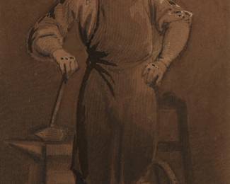 57
Alfred Jacob Miller
(1810-1874)
Blacksmith
Watercolor, ink, graphite, and touches of gouache on tan paper laid to foam board
Signed faintly with intertwined initials near the lower right corner: AJM
Sight: 6.25" H x 3.625" W
Estimate: $1,000 - $2,000