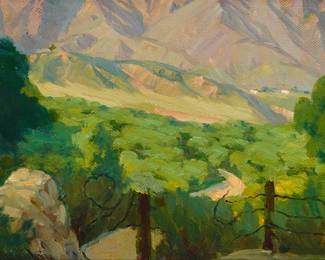 128
Jean Mannheim
(1863-1945)
"San Dimas"
Oil on Masonite
Signed lower left: J. Mannheim; titled verso; titled again on a gallery label affixed verso; a label with a printed number "355" affixed to the verso
12" H x 16" W
Estimate: $800 - $1,200