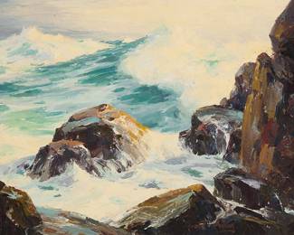 206
Bennett Bradbury
(1914-1991)
"Equinoctial"
Oil on canvas
Signed lower right: Bennett Bradbury; signed again, titled, and inscribed "#393," all verso
24" H x 34" W
Estimate: $1,000 - $1,500
