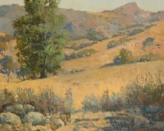 217
Meredith Brooks Abbott
(b. 1938)
"Rancho San Fernando Rey," 1987
Oil on canvas
Signed lower right: M.B. Abbott; titled, dated, and inscribed "San Marcos," all verso; alternatively titled "Redrock Canyon" and dated 1988, on a label affixed to the frame's verso
22" H x 28" W
Estimate: $2,000 - $3,000
