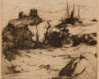 5
Armin Carl Hansen
(1886-1957)
"Requiem," 1924
Etching on Arches laid paper
Presumably from the edition of 75, only 9 of which were located by White
Signed and titled in pencil in the lower margin: Armin Hansen; signed and dated "'24" in the plate at lower right
Plate: 12.875" H x 14.875" W; Sheet: 16.375" H x 19.5" W
Estimate: $1,500 - $2,500