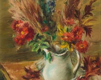 189
Sueo Serisawa
(1910-2004)
"Autumn Bouquet"
Oil on canvas
Signed lower left: Serisawa; titled on a photo-copied gallery label affixed to the frame's backing paper
16" H x 12" W
Estimate: $2,000 - $3,000