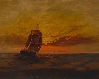 49
James Everett Stuart
(1852-1941)
"Marine Scene" (ship at sea)
Oil on canvas laid to linen
Signed lower left: Stuart; titled on a label affixed to the frame's verso
30" H x 50" W
Estimate: $2,500 - $3,500