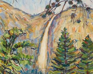 103
Donna Norine Schuster
(1883-1953)
"Waterfall" (Yosemite)
Oil on Masonite
Signed with estate stamp lower right: Donna Schuster; titled on a gallery label, verso
21.75" H x 18" W
Estimate: $1,000 - $2,000
