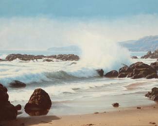 207
James A. Fetherolf
(1925-1994)
"The Rushing Tide"
Oil on canvas
Signed lower right: Fetherolf; titled on the stretcher bar; with the artist's copyright ink stamp verso
20" H x 30" W
Estimate: $2,000 - $3,000