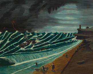 47
Mid-19th Century American School
Coastal view of a shipwreck on stormy seas
Oil on canvas laid to canvas
Unsigned
24" H x 30.75" W
Estimate: $1,200 - $1,800