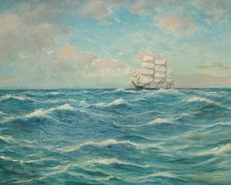 174
C. Myron Clark
(1858-1925)
Ship at sea
Oil on canvas
Signed lower left: C. Myron Clark
22.125" H x 34" W
Estimate: $1,000 - $1,500