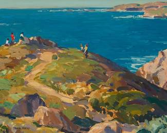 171
Frank Harmon Myers
(1899-1956)
"Picnic by the Sea"
Oil on Masonite
Signed lower left: Frank Myers; signed again "Frank H. Myers," titled, and numbered "#490," all verso
11.5" H x 15.75" W
Estimate: $800 - $1,200