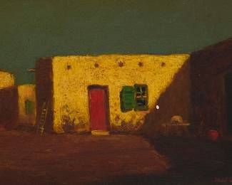 109
Will Sparks
(1862-1937)
"Late Afternoon in New Mexico"
Oil on board
Signed lower right: Will Sparks; signed again and titled in ink, verso: Will Sparks
7" H x 11" W
Estimate: $1,000 - $1,500