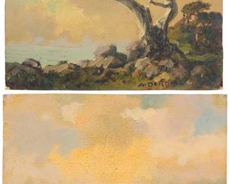 27
Albert Thomas De Rome (1885-1959)
Two works:

"Cypress Pt Lobos," 1935
Oil on unstretched canvas
Signed lower right: A. De Rome; titled and dated, verso: 1935; annotated by various artists, verso
6" H x 7.875" W

"February Sea Off Pt. Pinos Lighthouse," 1957
Oil on unstretched canvas
Signed lower right: A. De Rome; titled and dated, verso: 1957; annotated by another artist, verso
6" H x 7.875" W
Estimate: $800 - $1,200