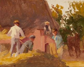 155
Lee Fritz Randolph
(1880-1956)
"Haying Scene," 1903
Oil on canvasboard
Signed lower left: L. Randolph; very faintly dated and partially indistinctly inscribed "Study / Monterey 1903," all in pencil, verso; titled and dated on a gallery label affixed verso
6.25" H x 8.5" W
Estimate: $800 - $1,200