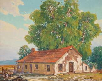 122
Joseph Frey
(1892-1977)
Landscape near Palm Springs with red-roof adobe house
Oil on Masonite
Signed lower right: Joseph Frey
24" H x 30.125" W
Estimate: $800 - $1,200