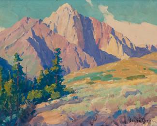 96
Joe Duncan Gleason
(1881-1959)
"High Sierras"
Oil on canvas laid to board
Signed lower right: Duncan Gleason; titled on the artist's information/copyright label affixed to the verso; inscribed on that same label, in another hand, "Mt. Morrison 1200[sic] ft;"
12" H x 16" W
Estimate: $1,500 - $2,000