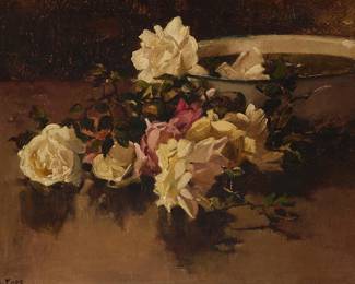 136
Charles Arthur Fries
(1854-1940)
"Roses in Basin," circa 1925
Oil on canvas
Signed lower left: C.A. Fries; numbered and inscribed in ink, possibly in another hand, verso: #161 / Presented to Alice Frances King / Xmas 1925 / by her / Grandfather C.A. Fries"; titled in the literature reference
12" H x 15.5" W
Estimate: $3,000 - $5,000