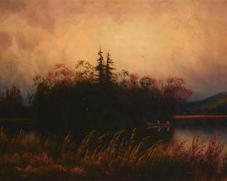 43
James Everett Stuart
(1852-1941)
Men boating on a lake, 1909
Oil on canvas laid to waxed canvas
Signed, dated, and numbered lower left: J.E. Stuart / Dec. 17, 1909 / 1547
18" H x 30" W
Estimate: $2,000 - $3,000