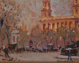 143
Colin Campbell Cooper
(1856-1937)
"St. Sulpice, Paris," 1909
Oil on paper laid to board
Signed lower right: Colin Campbell Cooper; dated and inscribed lower left: Paris Oct. 25th/09; titled in ink, verso; signed and titled again in ink on an exhibition label affixed verso
4.5" H x 7" W
Estimate: $2,000 - $3,000