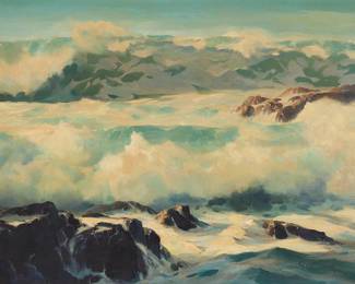 205
Bennett Bradbury
(1914-1991)
"Thunder Tide"
Oil on canvas
Signed lower right: Bennett Bradbury; signed again, titled, and inscribed "#T3," all verso
30.25" H x 40.25" W
Estimate: $1,500 - $2,000