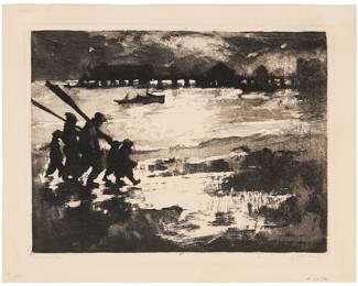 7
Armin Carl Hansen
(1886-1957)
"Fathers and Sons," circa 1926
Etching and aquatint on wove paper with a partial watermark, Arches (France)
From the edition of unknown but presumably small size; only 14 impressions were located by White
Signed and titled in pencil in the lower margin: Armin Hansen / imp.
Plate: 7.375" H x 9.75" W: Sheet: 9.125" H x 11.5" W
Estimate: $1,000 - $1,500