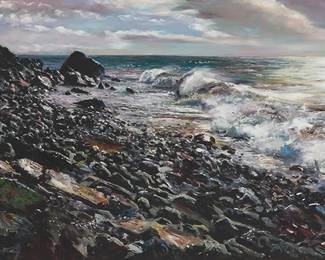 208
Filastro Mottola
(1915-2008)
"Rocky Coast"
Oil on Masonite
Signed lower left: Mottola; signed again and titled on a label affixed verso
24.25" H x 48.25" W
Estimate: $1,500 - $2,000