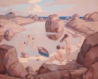 170
George Joseph Koch
(1885-1951)
"Pacific Grove bathers," 1944
Oil on Masonite
Signed and dated lower left: George Koch 1944; titled on a string tag attached to the frame's hanging wire
25" H x 30" W
Estimate: $3,000 - $5,000