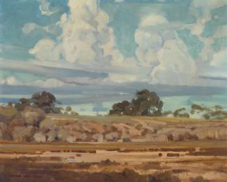 218
Richmond Irwin Kelsey
(1905-1987)
"Thunder Heads"
Oil on board
Signed lower left: Richard Irwin Kelsey; titled and inscribed "No 9," verso
18" H x 21.75" W
Estimate: $800 - $1,200