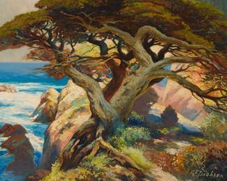 169
Albert F. Jacobson
(1891-1967)
"Coastal Cypress"
Oil on board
Signed lower right: A.F. Jacobson; titled in ink, in another hand, on a label strung to the frame's hanging wire
18" H x 24" W
Estimate: $800 - $1,200