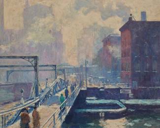 132
Alson Skinner Clark
(1876-1949)
"The Coffee House" (View of the State Street Bridge, Chicago), 1915
Oil on canvas
Signed and dated lower left: Alson Clark '15; signed again in pencil on the verso of the frame; titled on an exhibition label affixed to the stretcher
34.75" H x 46" W
Estimate: $20,000 - $30,000