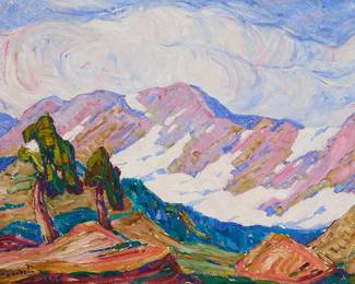 112
Birger Sandzén
(1871-1954)
"Snow and Sunshine - Rocky Mountain National Park," 1923
Oil on canvas
Signed and dated lower left: Birger Sandzén / 1923; signed and dated again, and titled, all in pencil on the stretcher
20" H x 30" W
Estimate: $30,000 - $50,000