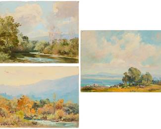 165
Albert Thomas De Rome (1885-1959)
Three works:

"Spring - Los Gatos," 1945
Oil on unstretched canvas
Signed lower right: A. De Rome; titled and dated May 45 in ink, verso; annotated by various artists in ink and numbered "1063" in ink, in another hand, all verso
6" H x 7.875" W

"Blue & Gold - Los Gatos," 1946
Oil on unstretched canvas
Signed lower left: A. De Rome; titled and dated Dec. 46 in ink, verso; annotated by various artists in ink, verso
5.875" H x 7.875" W

"Monterey Bay Spring," 1940
Oil on unstretched canvas
Signed lower right: A. De Rome; titled and dated in ink, verso; annotated "A25" in ink, in another hand, verso
5.875" H x 7.875" W
Estimate: $1,500 - $2,500