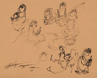 187
Ted De Grazia
(1909-1982)
Drinking angels, 1955
Ink on beige paper
Signed, inscribed "Arizona USA," and dated lower left: De Grazia / 1955
Sight: 8.25" H x 10.5" W
Estimate: $700 - $1,000