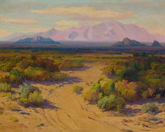 126
Fred Grayson Sayre
(1879-1939)
"I Will Lift Mine Eyes Unto the Hills"
Oil on canvas
Signed lower left: F. Grayson Sayre; inscribed "Coachella Valley - 48" and "L.G. Scovern" on the stretcher bar, each possibly in another hand
38" H x 48" W
Estimate: $3,000 - $5,000