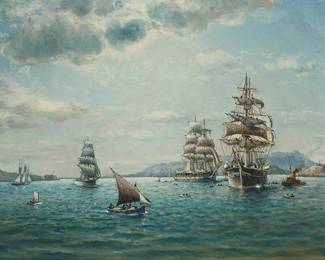 45
William Alexander Coulter
(1849-1936)
"Windjammers and other commercial sail in the San Francisco Bay"
Oil on canvas
Signed lower right: W.A. Coulter; titled by repute
19.5" H x 28.75" W
Estimate: $25,000 - $35,000