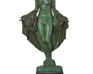134
Mario Korbel
(1882-1954)
"Nocturne," 1920
Verdigris patinated bronze on polished stone plinth
Number 6 of unknown edition size
Signed, dated, and numbered in the casting: © MARIO KORBEL
Bronze: 23" H x 12.75" W x 6.5" D; Plinth: 4.625" H x 7" W x 6.75" D
Estimate: $4,000 - $6,000
