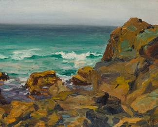 75
Claude Buck
(1890-1974)
California seascape, 1935
Oil on panel
Signed and dated lower left: Claude Buck / 1935
19.125" H x 21.375" W
Estimate: $700 - $1,000