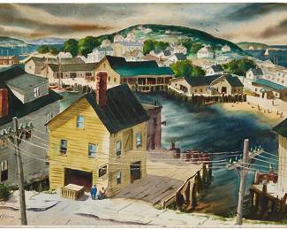 145
Henry Gasser
(1909-1981)
"Harbor Hill"
Watercolor and gouache on paper laid to board
Signed lower left: H. Gasser; signed again, titled, and inscribed with the artist's address, all in pencil, verso
18" H x 23.625" W
Estimate: $4,000 - $6,000
