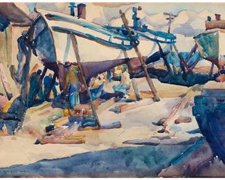 14
Armin Carl Hansen
(1886-1957)
"Boatyard, Monterey"
Watercolor on paper
Signed lower left: Armin Hansen A.N.A.; titled on a label affixed to the frame's backing paper
Sheet: 10" H x 14.625" W
Estimate: $6,000 - $8,000
