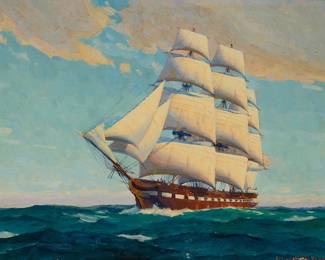 176
Joe Duncan Gleason
(1881-1959)
Clipper ship at sea
Oil with touches of graphite on board
Signed lower right: Duncan Gleason
13" H x 16.5" W
Estimate: $1,000 - $1,500