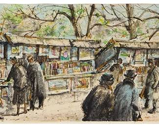 144
Henry Gasser
(1909-1981)
"Bookstalls Paris"
Watercolor and ink on paper laid to artist's board
Signed and inscribed lower right: H. Gasser / Paris; titled and numbered "#12" in red ink on a strip of old white tape stored in a clear sleeve on the frame's backboard
Image: 7.625" H x 22.5" W; Board: 8" H x 22.5" W
Estimate: $800 - $1,200
