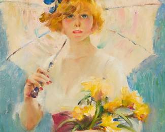 194
Rico Tomaso
(1898-1985)
Portrait of a girl holding flowers and a parasol
Oil on canvas
Signed lower right: Rico Tomaso; signed again verso
20" H x 16" W
Estimate: $1,000 - $1,500
