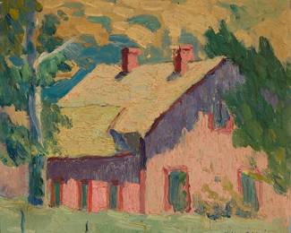 16
Phillips Frisbie Lewis
(1892-1930)
"Old Pink House, Duncan Mills, California," 1928
Oil on board
Signed lower right: Phillips F. Lewis; titled and dated in pencil verso, and again in ink on remnants of old brown paper affixed to the frame's verso
8.625" H x 10.5" W
Estimate: $1,000 - $1,500
