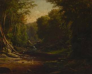 44
George Hetzel
(1826-1899)
Fly fisherman in a verdant landscape
Oil on canvas
Signed lower left: G. Hetzel
12" H x 16" W
Estimate: $2,000 - $3,000