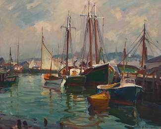 148
Emile Albert Gruppe
(1896-1978)
"Morning, Gloucester Harbor"
Oil on canvas
Signed lower right: Emile A. Gruppe; signed again and titled on the stretcher
25" H x 30" W
Estimate: $3,000 - $5,000